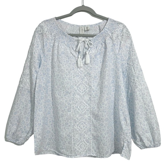 Joie Linen Blend Embroidered Peasant Top Feminine Ditsy Floral Blue Size Medium - Picture 1 of 6